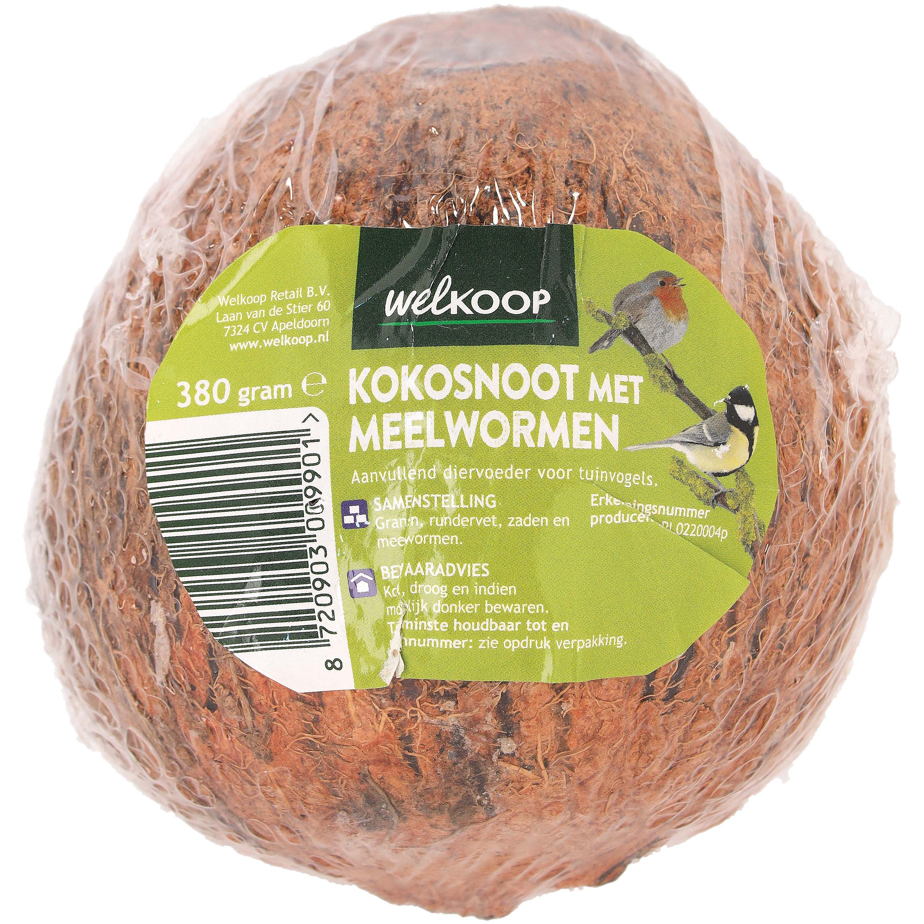 Welkoop Kokosnoot met meelwormen - Tuinvogelvoer - 380 - Meelwormen