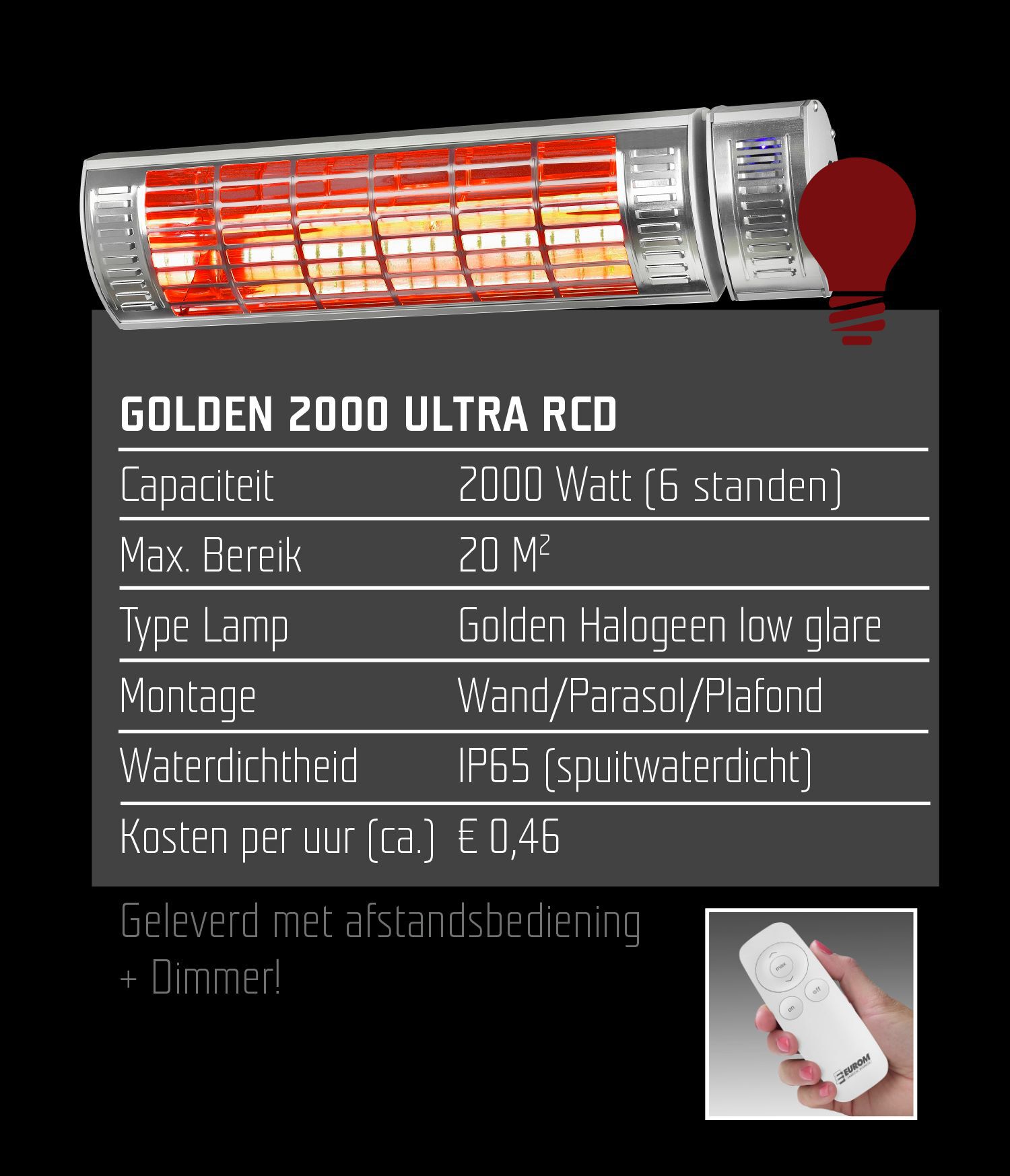 Eurom Ultra 2000 RCD - Hangende terrasverwarmer - Grijs - 2000 W