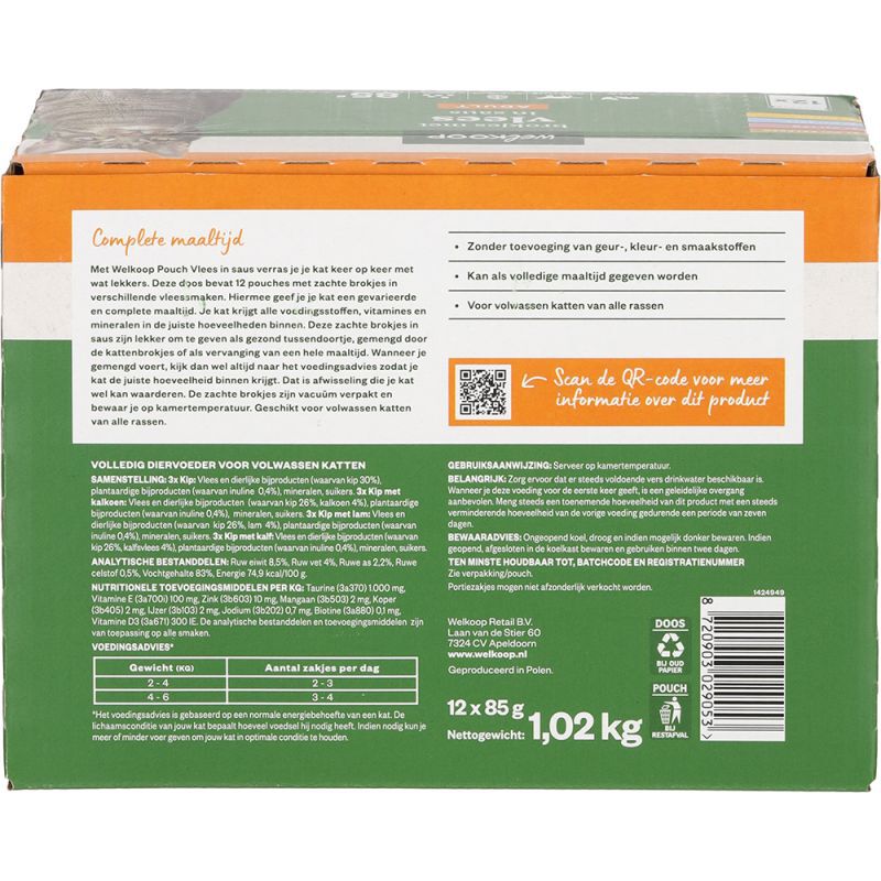 Welkoop Pouch Brokjes in Saus - Kattenvoer - 12x85 gram - 150 - vlees