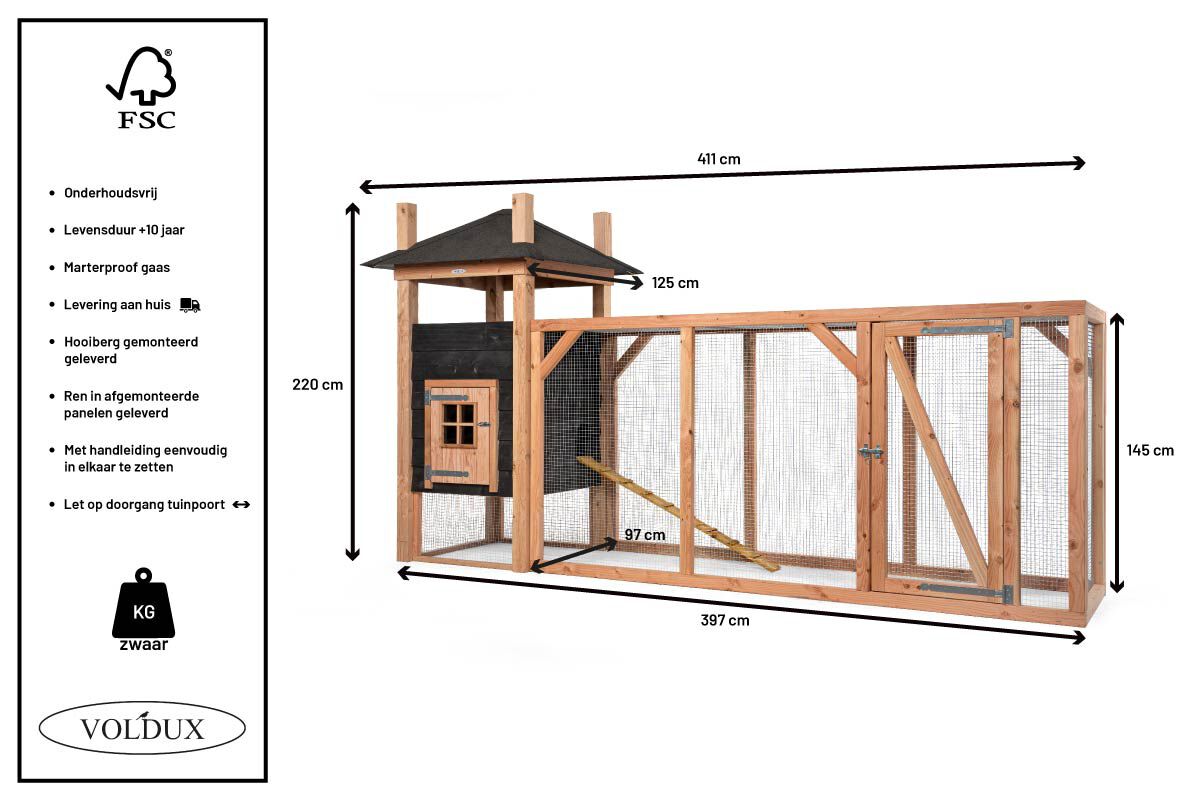 Voldux Hooiberg Bert XL - Kippenhok met ren - 225.00 cm - Zwart - 411.00 cm - 125.00 cm