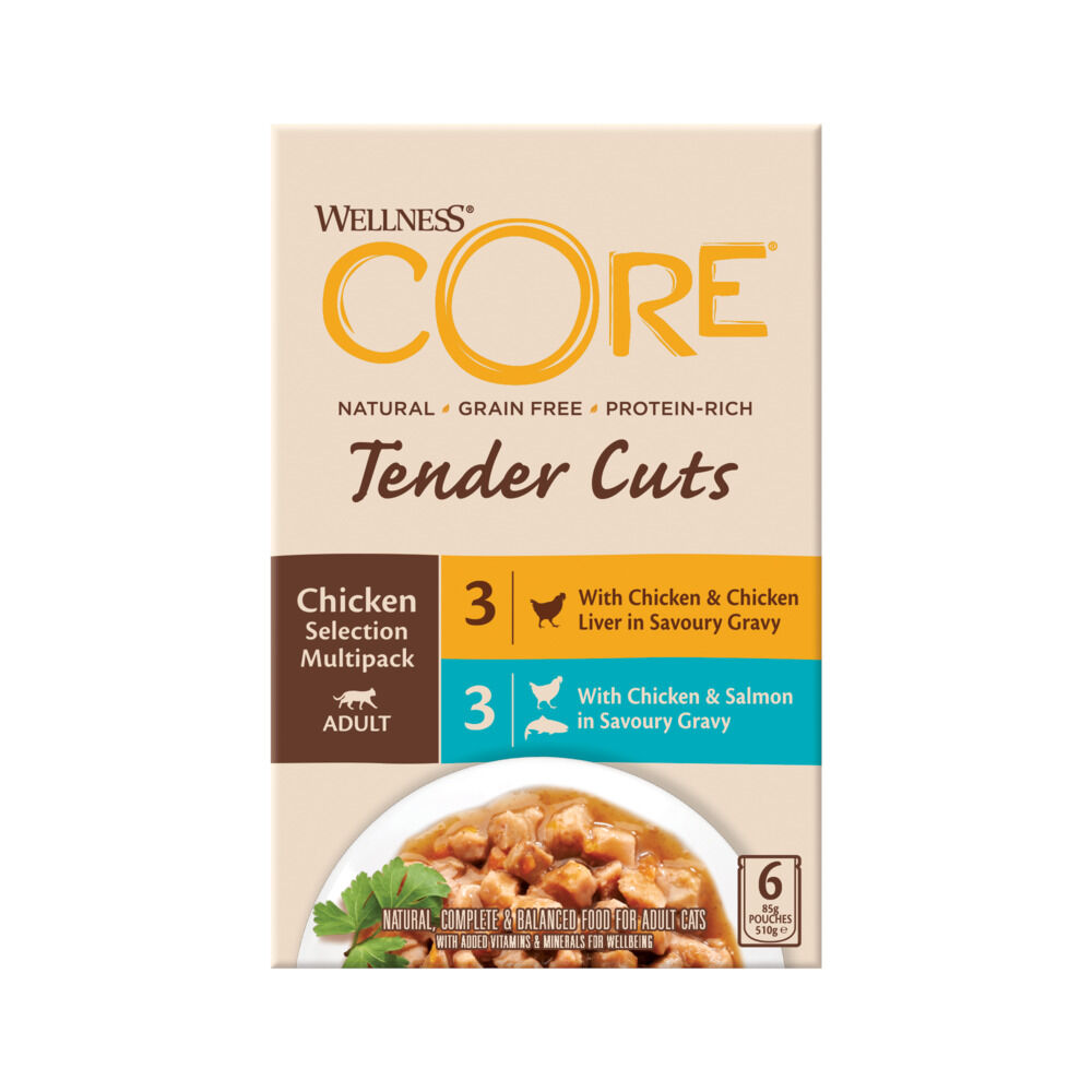 Wellness Core Tender Cuts - Kattenvoer - 6x85 gram - Kip - Zalm - 510 gram