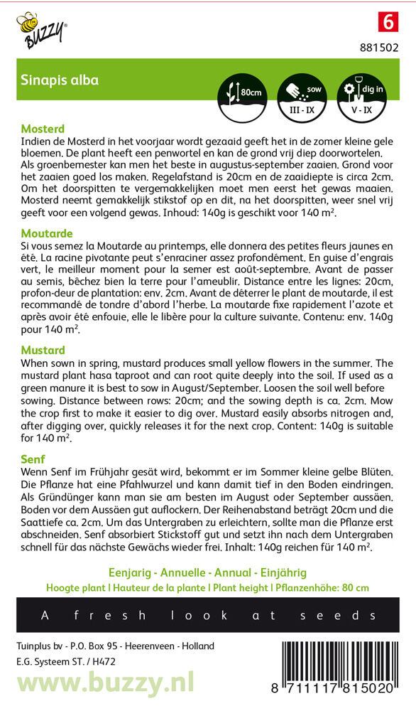 Buzzy Gele mosterd Sinapis alba - Groenbemester - 140.00 - Kruisbloem