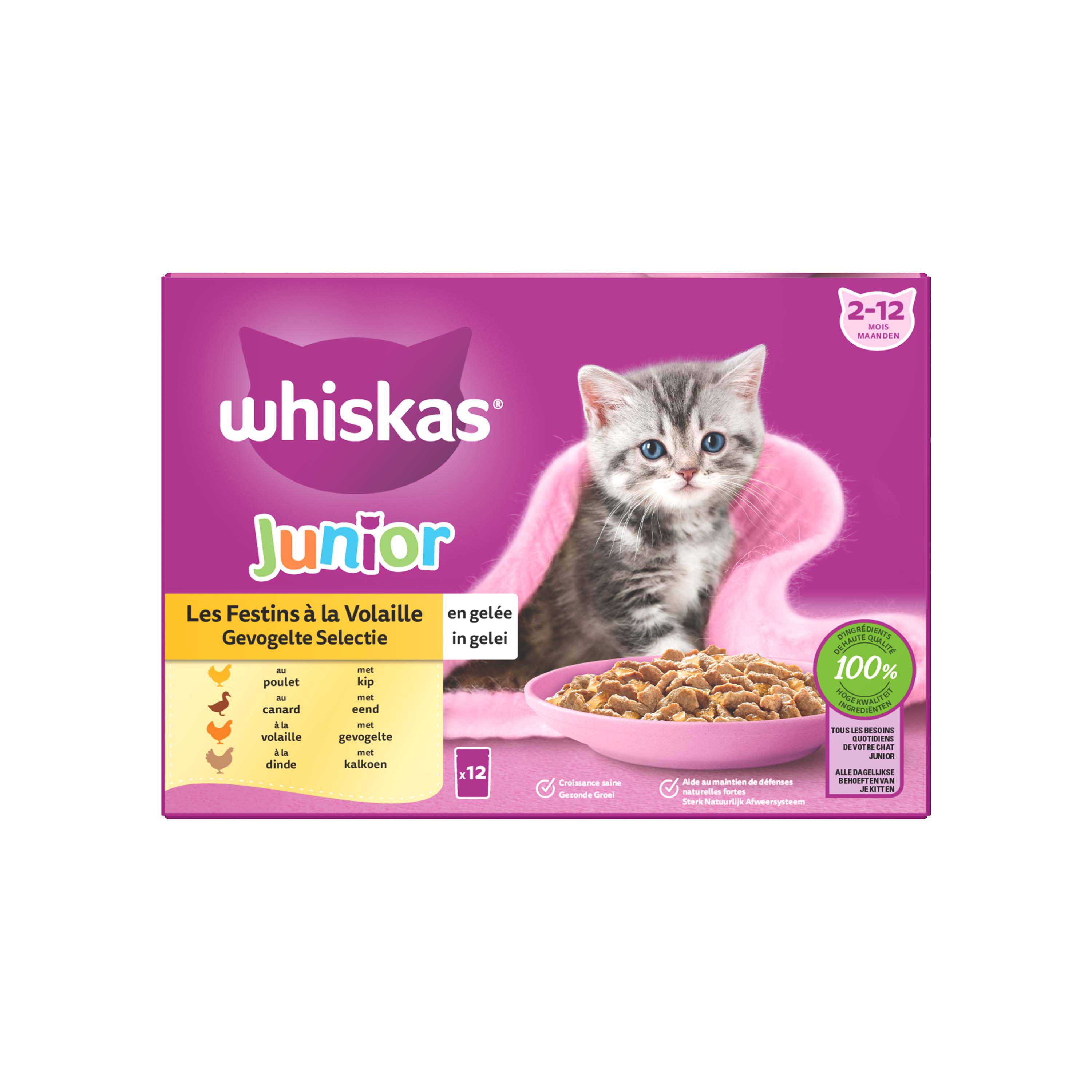 Whiskas  Junior Gevogelte Selectie in gelei - Kattenvoer - 12x85 gram - Kip - Eend - 1,02 kg