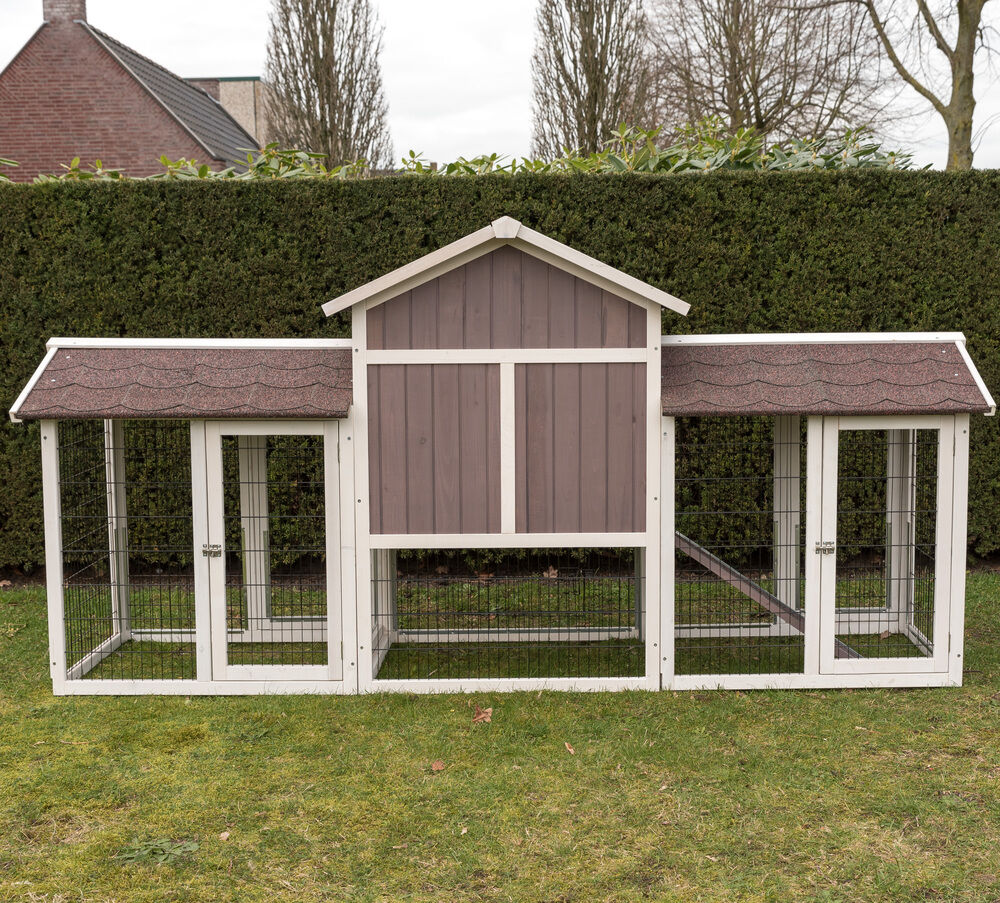 Konijnenhok Amalie met rennen - 118.00 cm - Whitewash/grijs - 239.00 cm - Groot - 70.00 cm