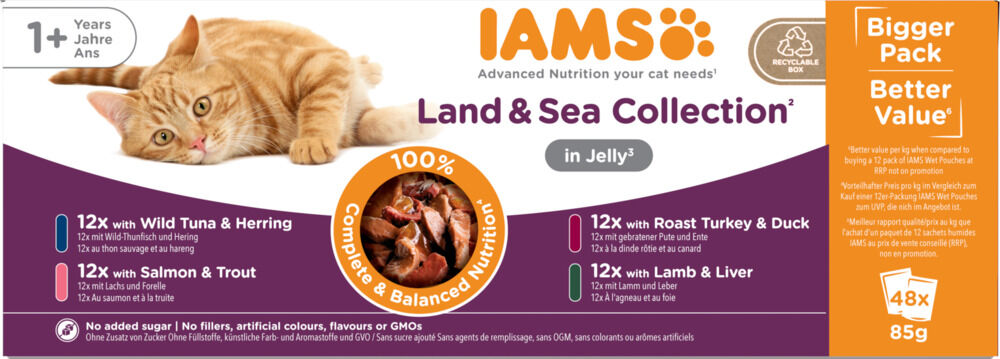 IAMS Delights Adult Land & Sea in Gelei - Kattenvoer - 48x85 gram - 4080 - vis, vlees