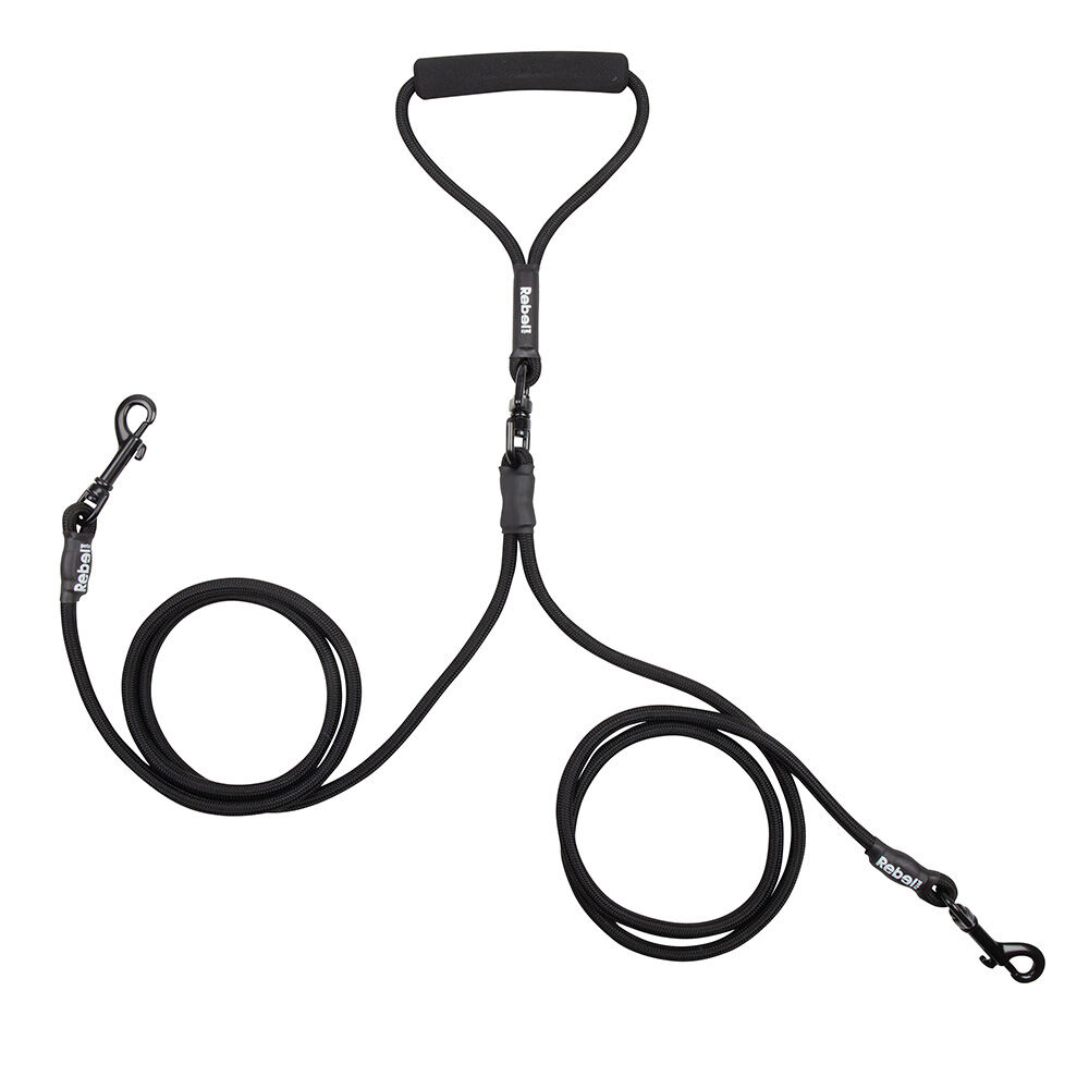 Rebel Petz - Anti-knoop Dubbele Hondenriem - Zwart - 8 mm - S