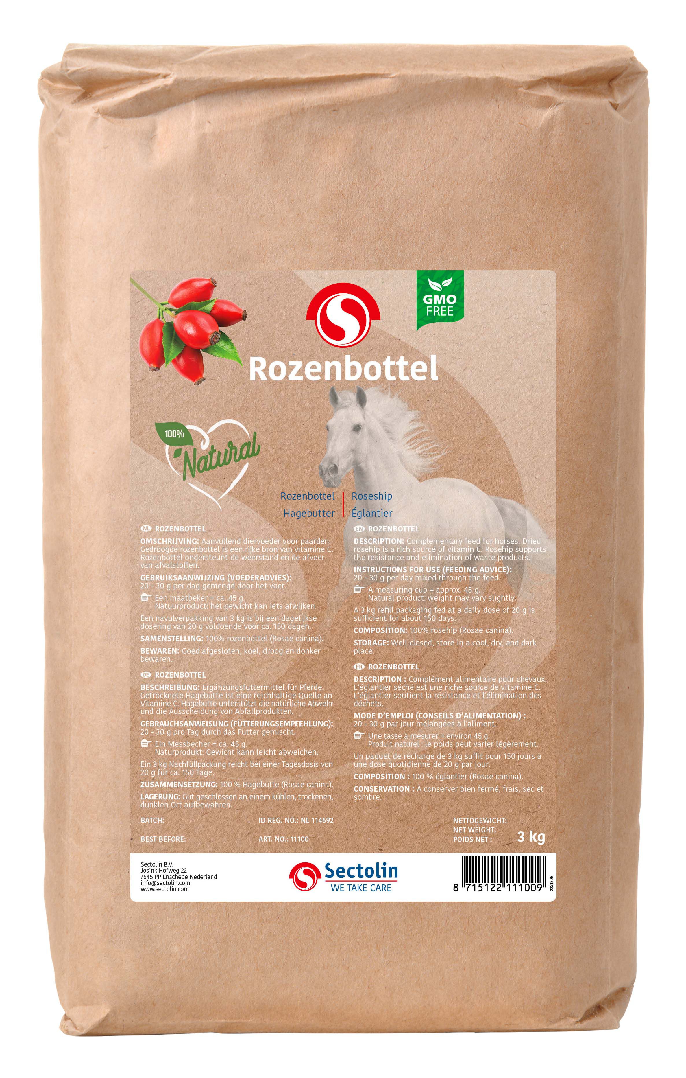 Sectolin Rozenbottel Kruid Navulverpakking - Weerstandsupplement Paard - 3.00 - Zak
