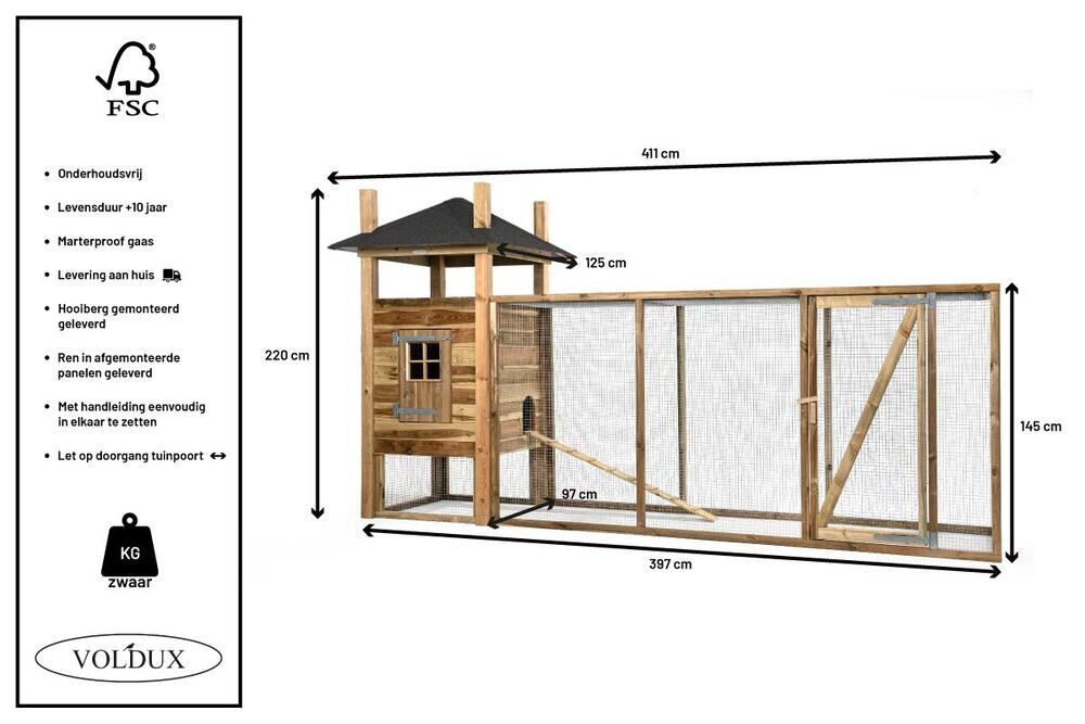 Voldux Hooiberg Fem XL - Kippenhok met ren - 225.00 cm - Naturel - 411.00 cm - 125.00 cm