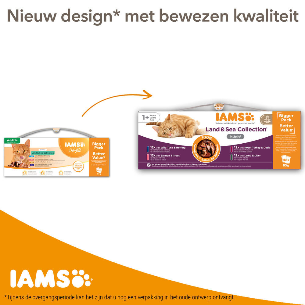 IAMS Delights Adult Land & Sea in Gelei - Kattenvoer - 48x85 gram - 4080 - vis, vlees