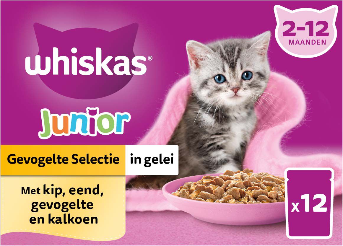 Whiskas  Junior Gevogelte Selectie in gelei - Kattenvoer - 12x85 gram - Kip - Eend - 1,02 kg