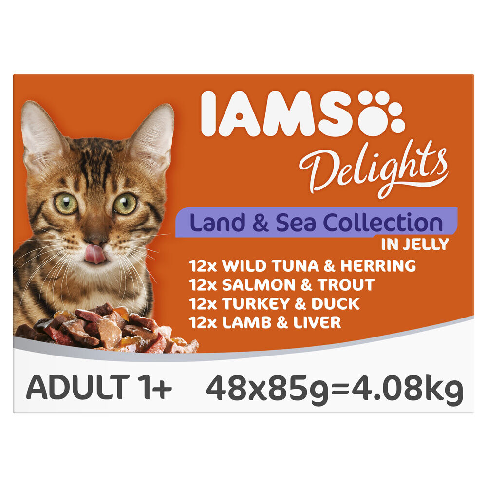IAMS Delights Adult Land & Sea in Gelei - Kattenvoer - 48x85 gram - 4080 - vis, vlees