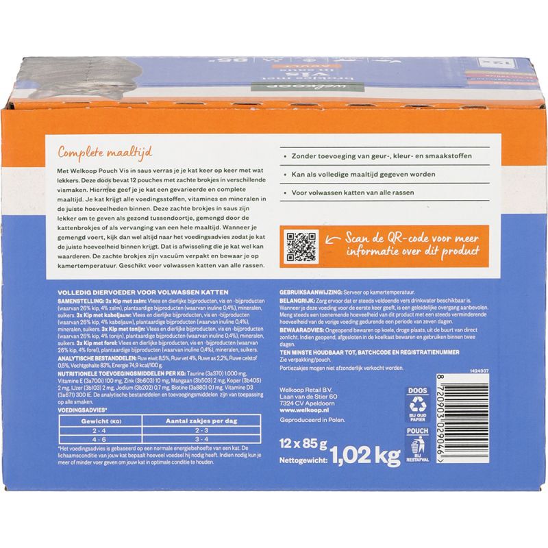 Welkoop Pouch Brokjes in Saus - Kattenvoer - 12x85 gram - 150 - vis