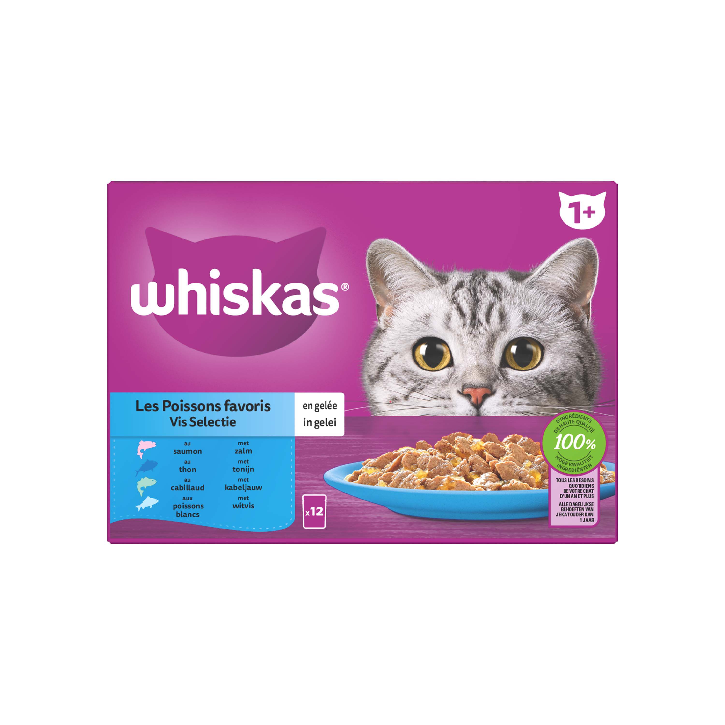 Whiskas  1+ Vis Selectie in gelei - Kattenvoer - 40x85 gram - Zalm - Tonijn - 3,4 kg