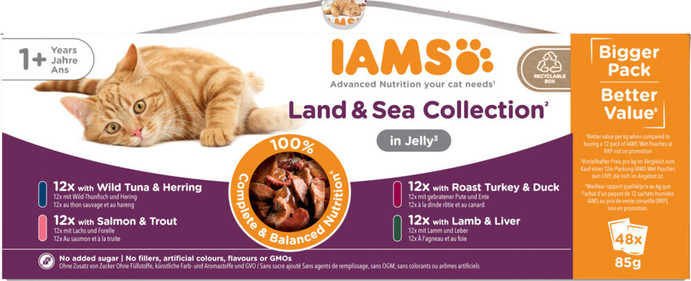 IAMS Delights Adult Land & Sea in Gelei - Kattenvoer - 48x85 gram - 4080 - vis, vlees