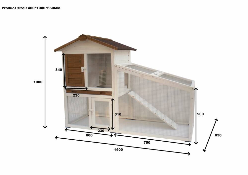 Konijnenhok Loft - 140x65x100 cm - Bruin/white wash - Middel