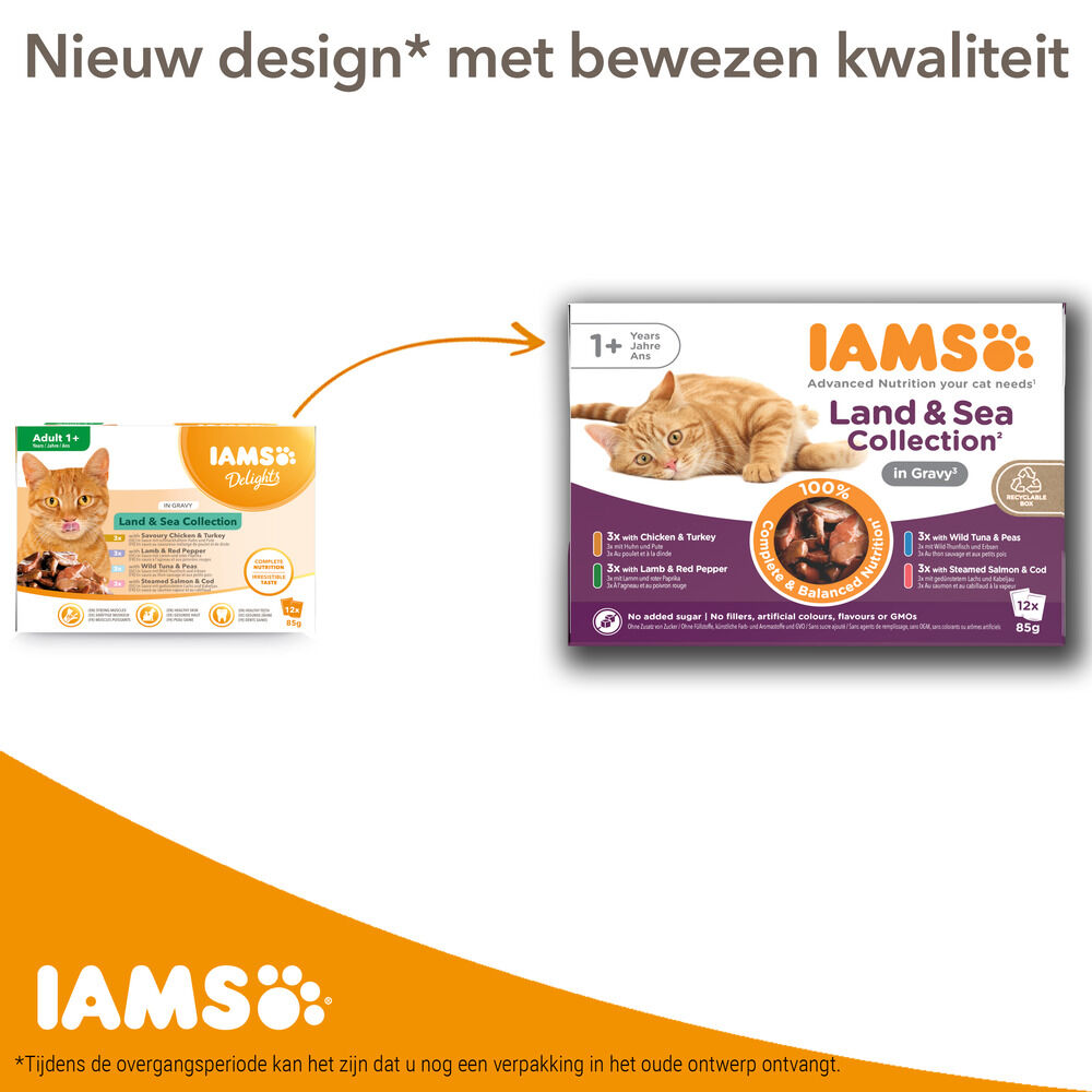 IAMS Delights Adult Land & Sea in Saus - Kattenvoer - 12x85 gram - 1020 - vis, vlees