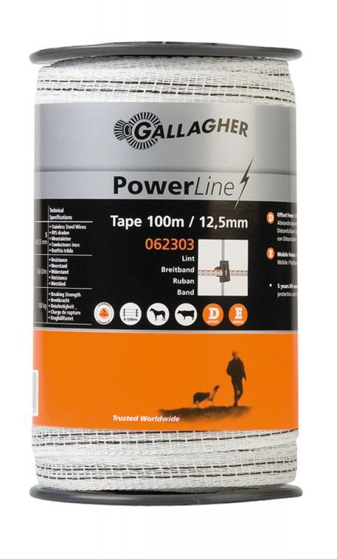 Gallagher Lint 12,5 mm - Powerline - 16.2 cm - 100 - Wit - 11 cm - 10000 cm Gallagher Lint 12,5 mm - Powerline - 16.2 cm - 100 - Wit - 11 cm - 10000 cm