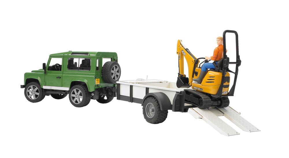 Bruder Land Rover Defender met trailer, JCB micro kraan en arbeider 1:16 - Vrachtwagens & auto's Bruder Land Rover Defender met trailer, JCB micro kraan en arbeider 1:16 - Vrachtwagens & auto's