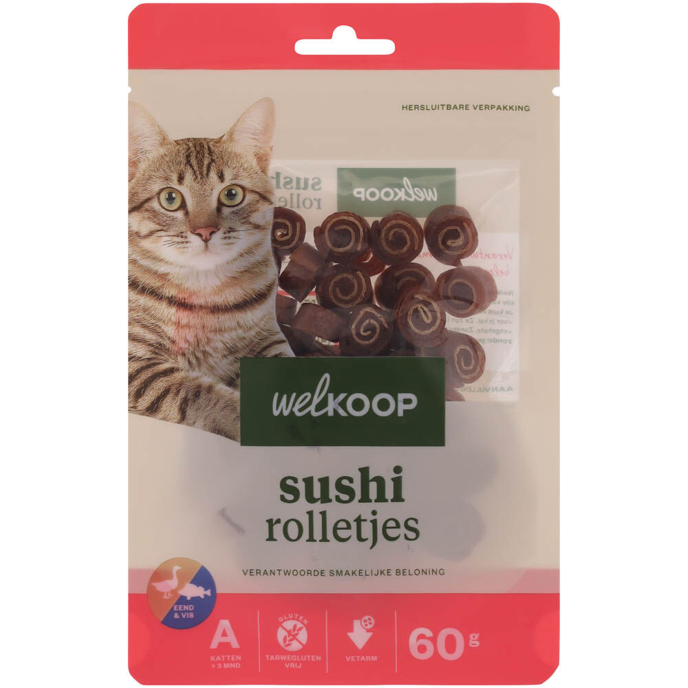 Welkoop Sushi rolletjes - Kattensnack - 60 - vis, eend Welkoop Sushi rolletjes - Kattensnack - 60 - vis, eend
