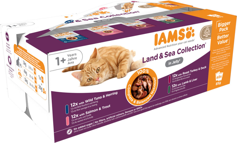 IAMS Delights Adult Land & Sea in Gelei - Kattenvoer - 48x85 gram - 4080 - vis, vlees