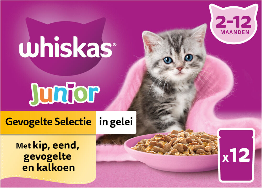 Whiskas  Junior Gevogelte Selectie in gelei - Kattenvoer - 12x85 gram - Kip - Eend - 1,02 kg