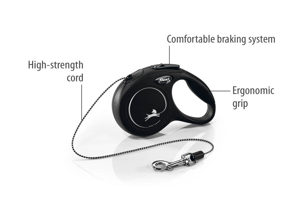 Flexi New Classic Koord - Rollijn - Hondenriem - zwart - XS - 300 cm