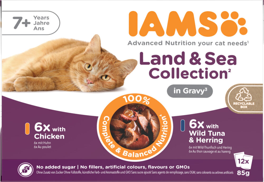 IAMS Delights Land & Sea Collection Senior - Kattenvoer - 12x85 gram - Kip - Vis - 1,02 kg