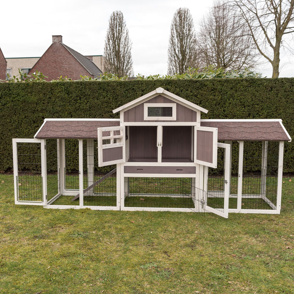 Konijnenhok Amalie met rennen - 118.00 cm - Whitewash/grijs - 239.00 cm - Groot - 70.00 cm