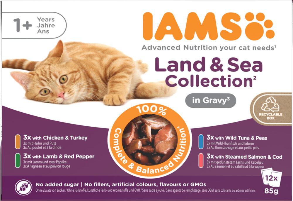 IAMS Delights Adult Land & Sea in Saus - Kattenvoer - 12x85 gram - 1020 - vis, vlees