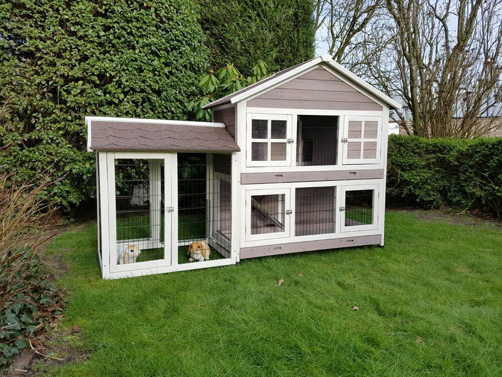 Rabbit konijnenhok Sisi met ren - Konijnenhok - 200x67x133 cm - Grijs/wit - Groot Rabbit konijnenhok Sisi met ren - Konijnenhok - 200x67x133 cm - Grijs/wit - Groot