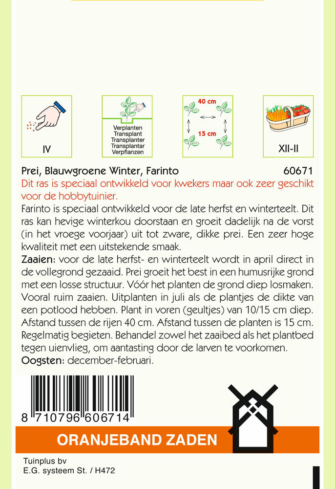 Oranjeband zaden Prei Blauwgroene Winter Farinto - Groentezaden - 175 gram