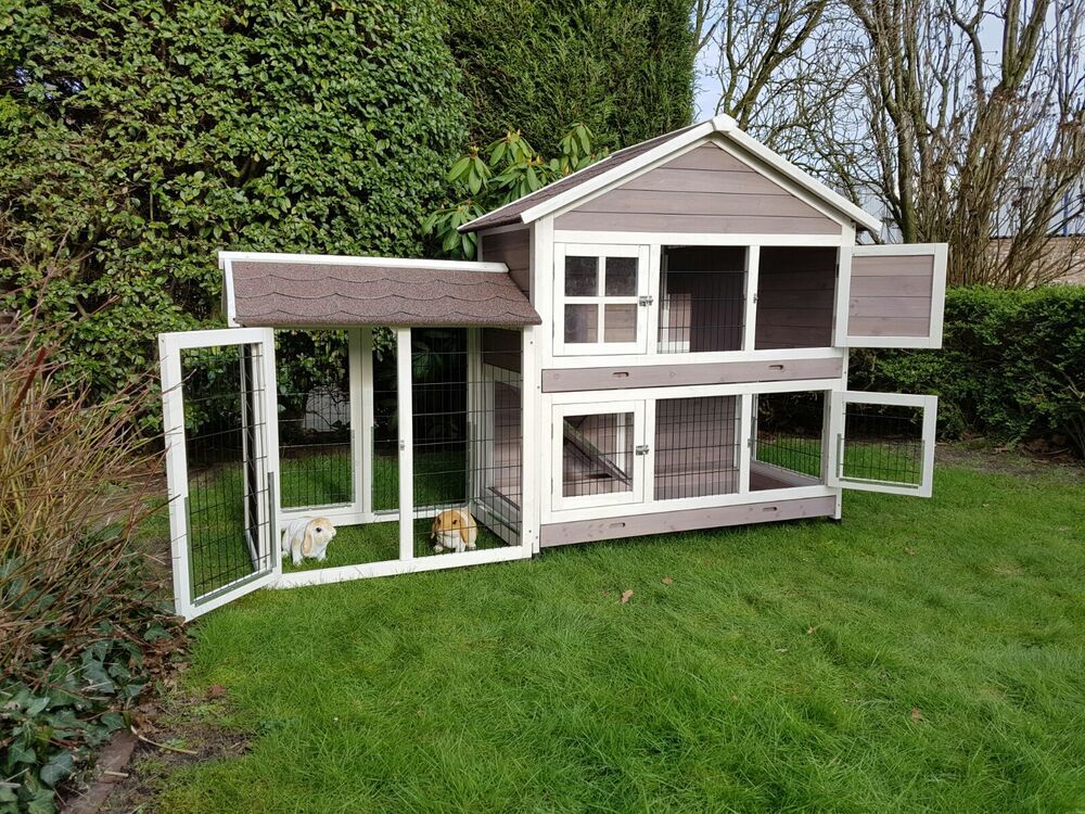 Rabbit konijnenhok Sisi met ren - Konijnenhok - 200x67x133 cm - Grijs/wit - Groot - Grijs/wit - 1x200x1 cm