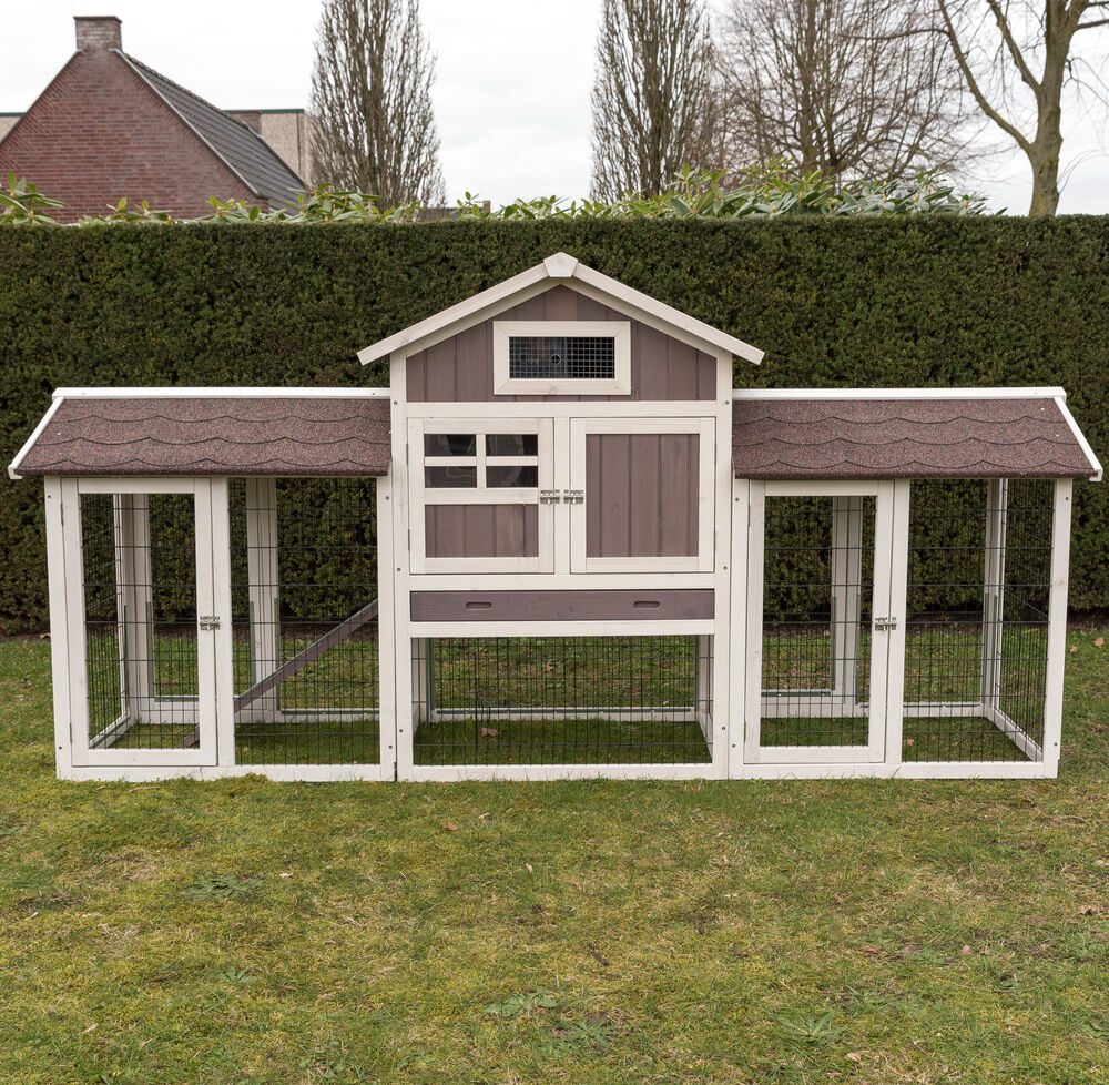 Konijnenhok Amalie met rennen - 118.00 cm - Whitewash/grijs - 239.00 cm - Groot - 70.00 cm