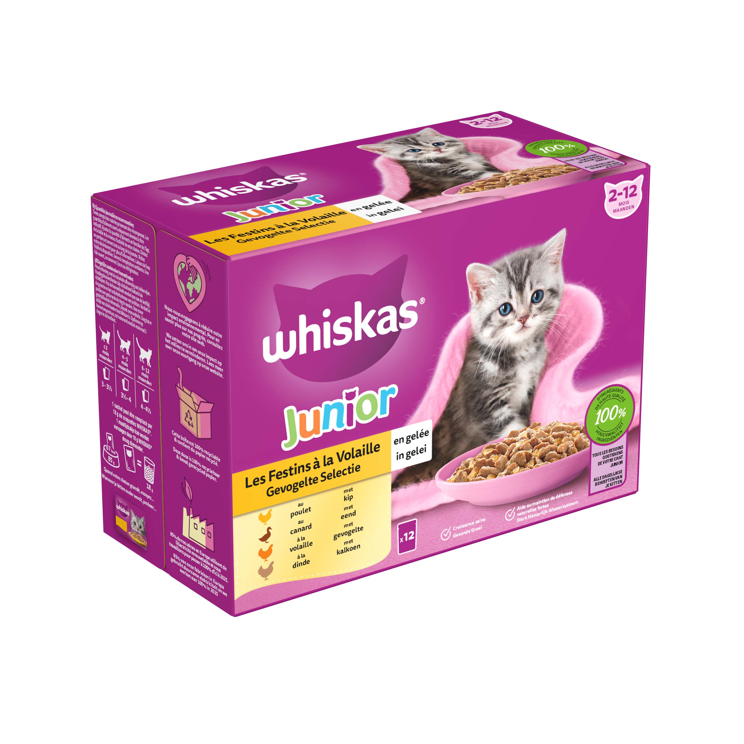Whiskas  Junior Gevogelte Selectie in gelei - Kattenvoer - 12x85 gram - Kip - Eend - 1,02 kg