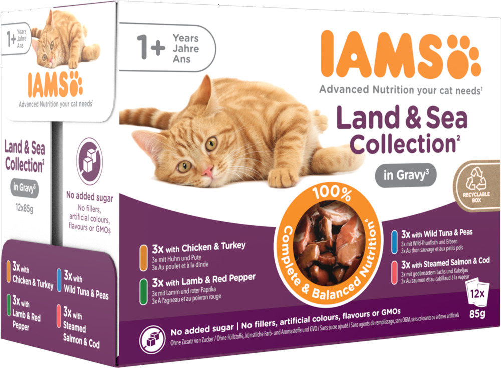 IAMS Delights Adult Land & Sea in Saus - Kattenvoer - 12x85 gram - 1020 - vis, vlees