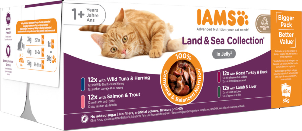 IAMS Delights Adult Land & Sea in Gelei - Kattenvoer - 48x85 gram - 4080 - vis, vlees IAMS Delights Adult Land & Sea in Gelei - Kattenvoer - 48x85 gram - 4080 - vis, vlees